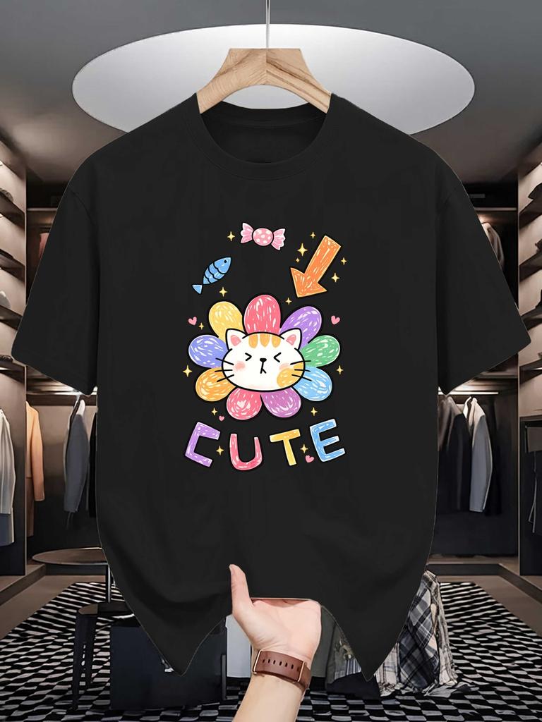 Cute Cat Unisexs Crew Neck T Shirt Rainbow Flower Kitty Candy Fish Kawaii Cartoon Colorful Letter Graphic Short Sleeve Casual Tops