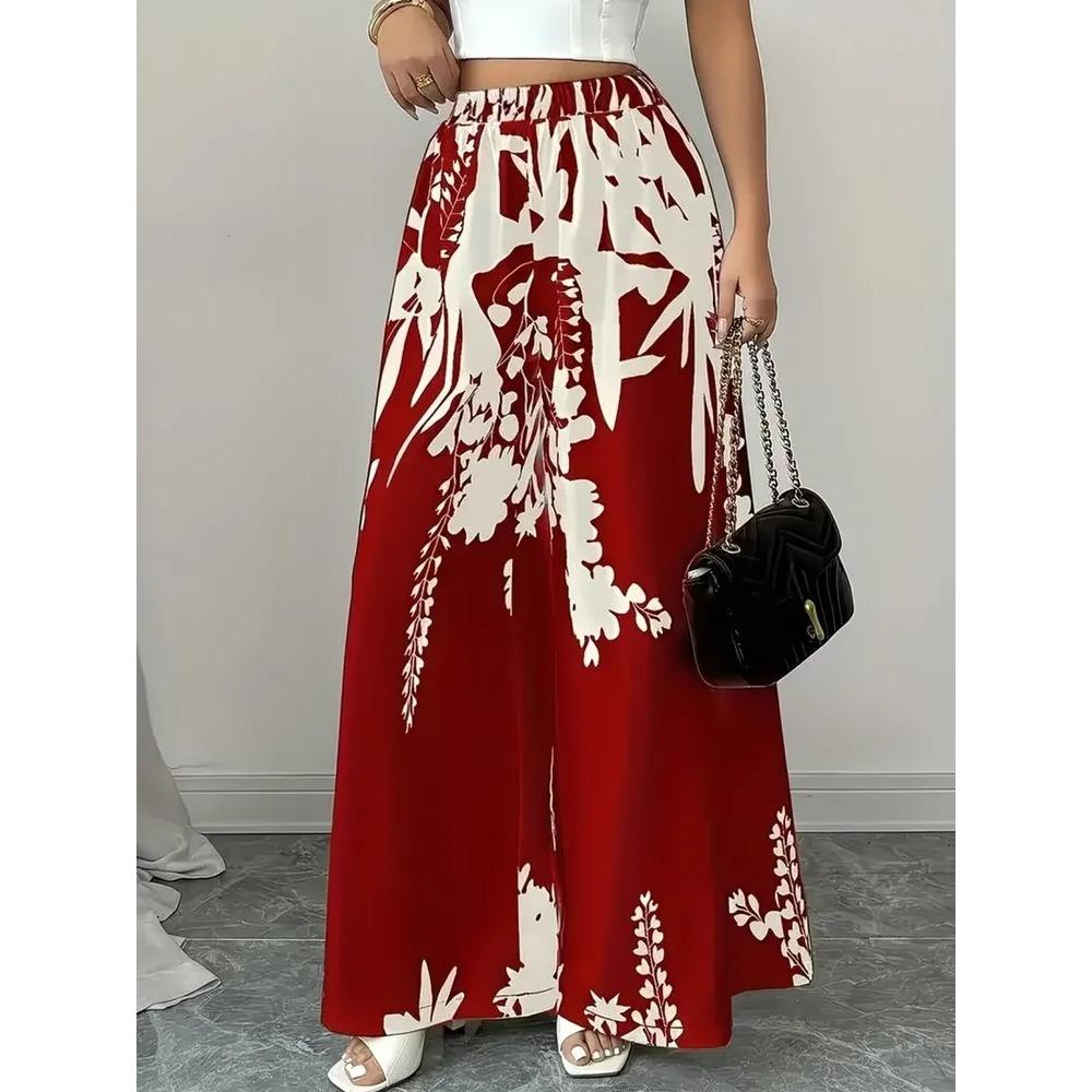 Summer Women's Fashion Floral Print Long Wide Leg Pants Elastic Waist Haren Pants Casual Pants Haren Pants