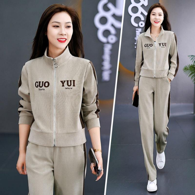 Sports Suit for Women, Spring and Autumn Fashionable Temperament, Age-reducing Stand-up Collar Cardigan, Wide-leg Pants, Casual Wear Two-piece Set