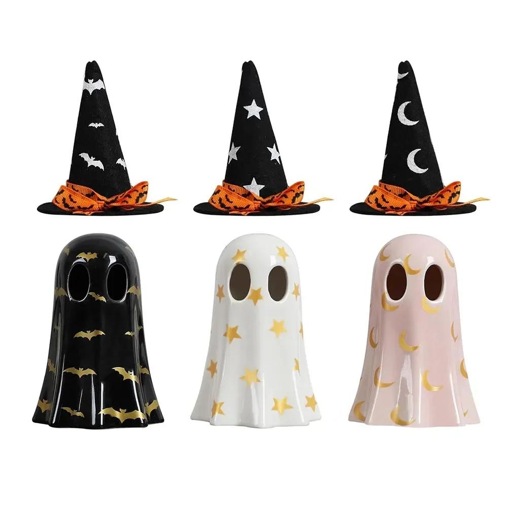 Set Of 3 Ceramic-Ghosts With Witch Hats, Halloween Decorations Indoor, Cute Spooky Halloween-Ghost Figurines Ceramic Decor