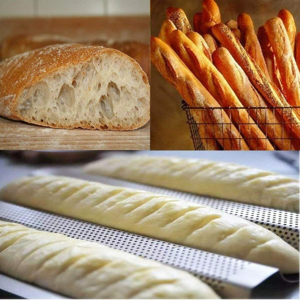Silver Baguette Baking Tray,French Bread pan Carbon Steel,Food Grade Non-Stick Coating Perforated French Stick Loaf Baking Pan Baguette Mold for Baking 3 Loaves Wave Baker