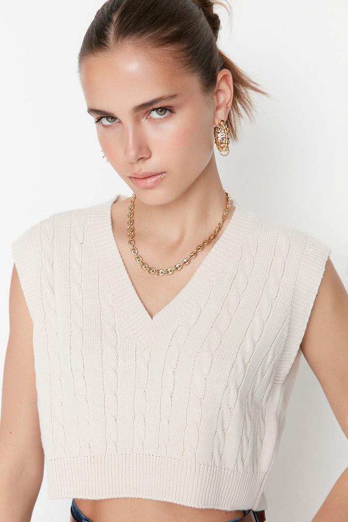 Women's Fashion Stylish Sweater Stone Crop V-Neck Knitwear Sweater