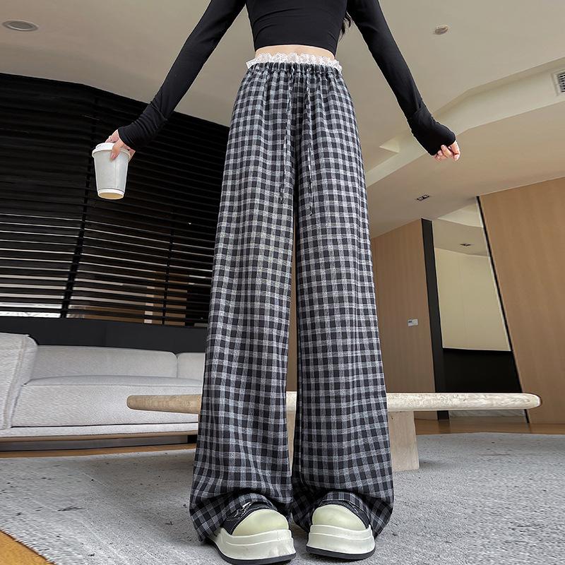 Korean Lace-Trim Plaid Wide-Leg High-Waist Pants for Women - Versatile Spring/Summer Casual Style