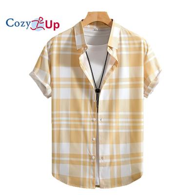 Men's Beige Large Plaid Print Men's Short Sleeve Shirt Men's Shirt Summer 2025