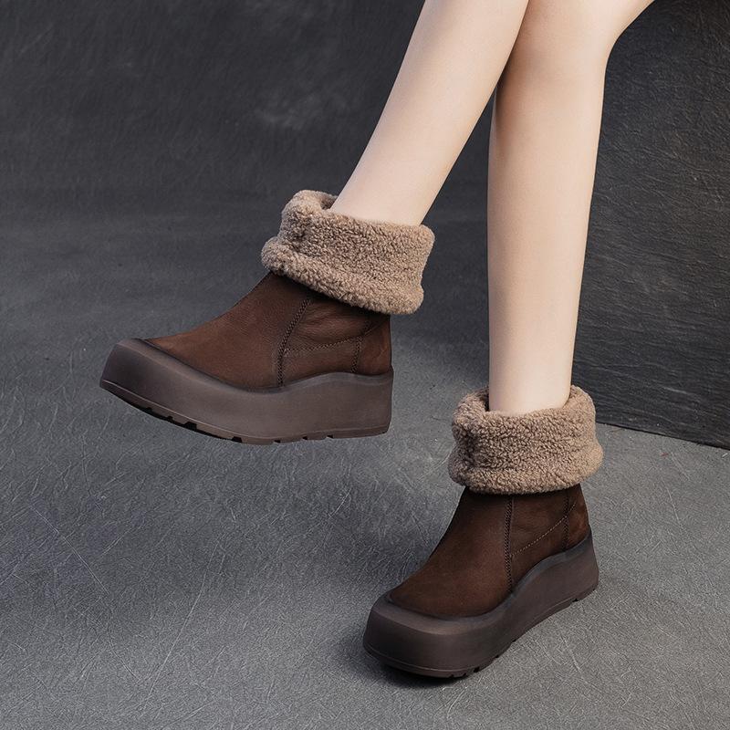 Fashion GKTINOO Genuine Leather Snow Boots Platform Plush Warm Winter Mid-Calf Boots Women Booties Thick Soled Shoes