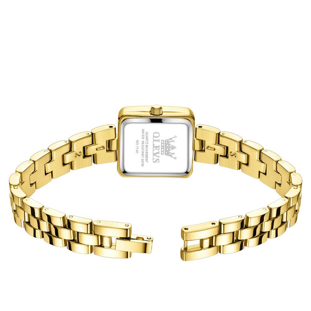 OLEVS Elegante Damen-Quarzuhr Goldenes Quadratisches Gehäuse Strassstein Diamantbesetztes Metallarmband Wasserdichte Armbanduhr Geburtstagsgeschenk