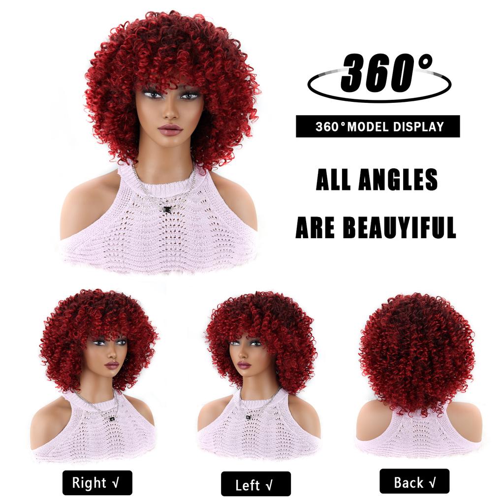 Curly Wigs for Women -Curly Wig with Bangs Natural Black Hair Synthetic Heat Resistant Full Wigs