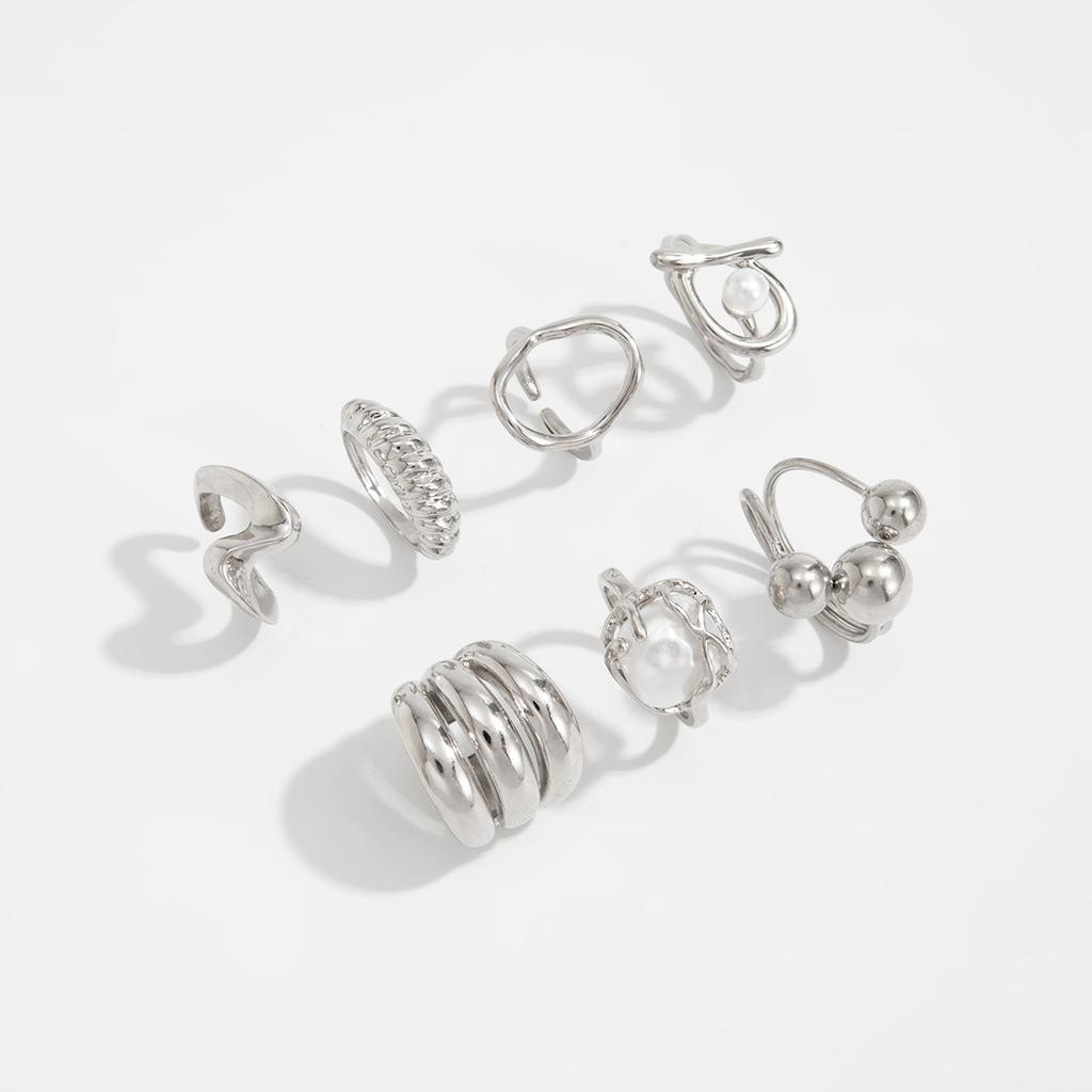 Design Wind Irregular Metal Smooth Ring, Personalized Thread Imitation Pearl Ring Set