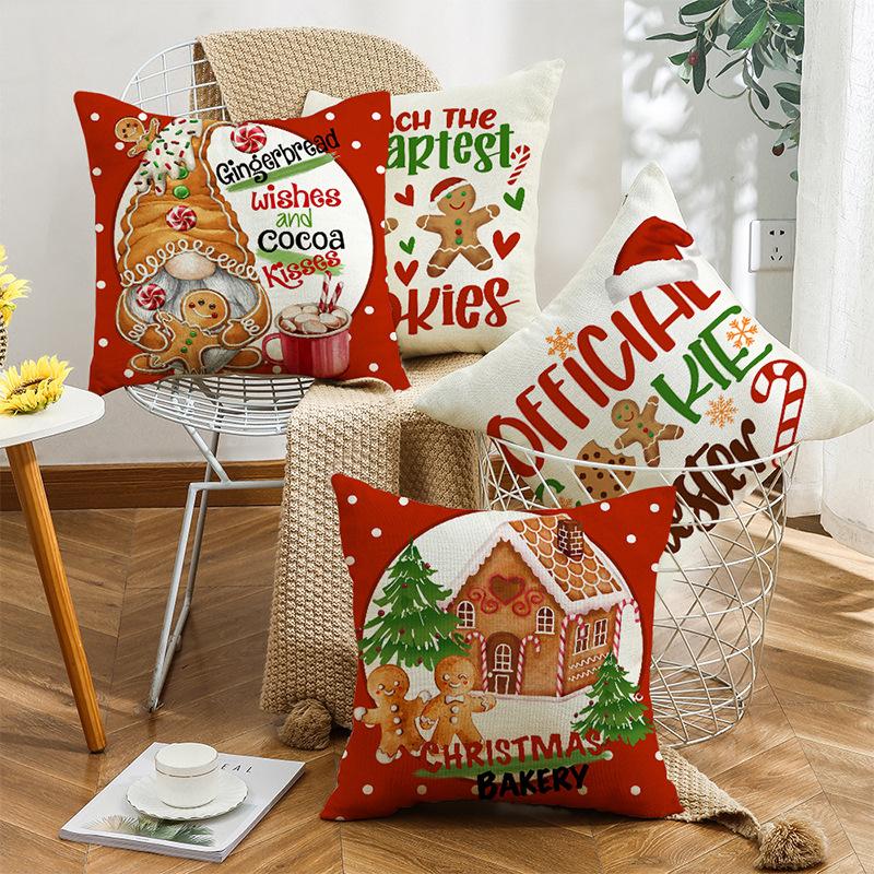 New Style Pillow Case Christmas Letter Decoration Gingerbread Man Print Linen Sofa Bedside Pillow Case
