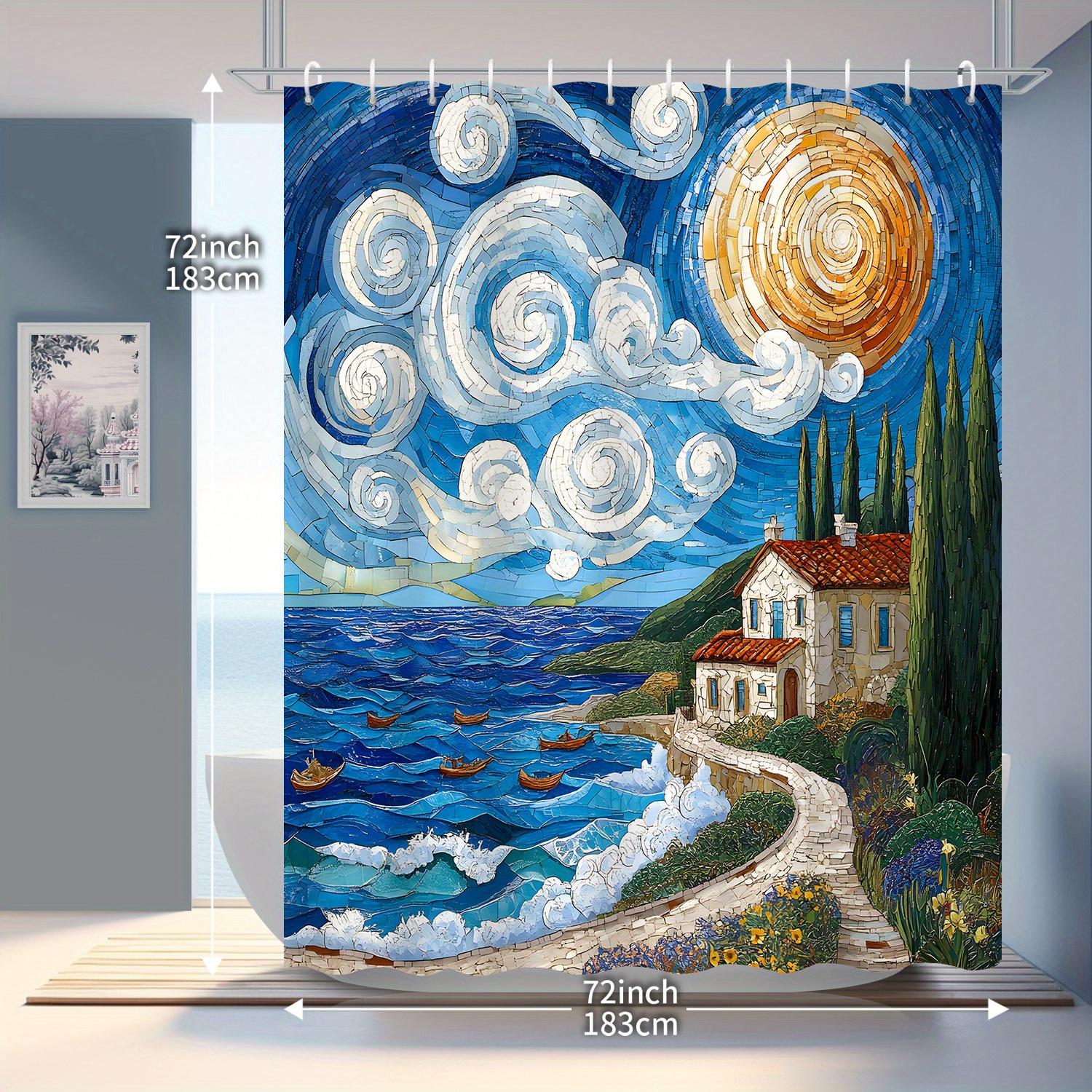 1pc Abstract Art Seaside City Scenery Shower Curtain – Polyester, with 12 Hooks, for Bathroom Decor W90xH180cm