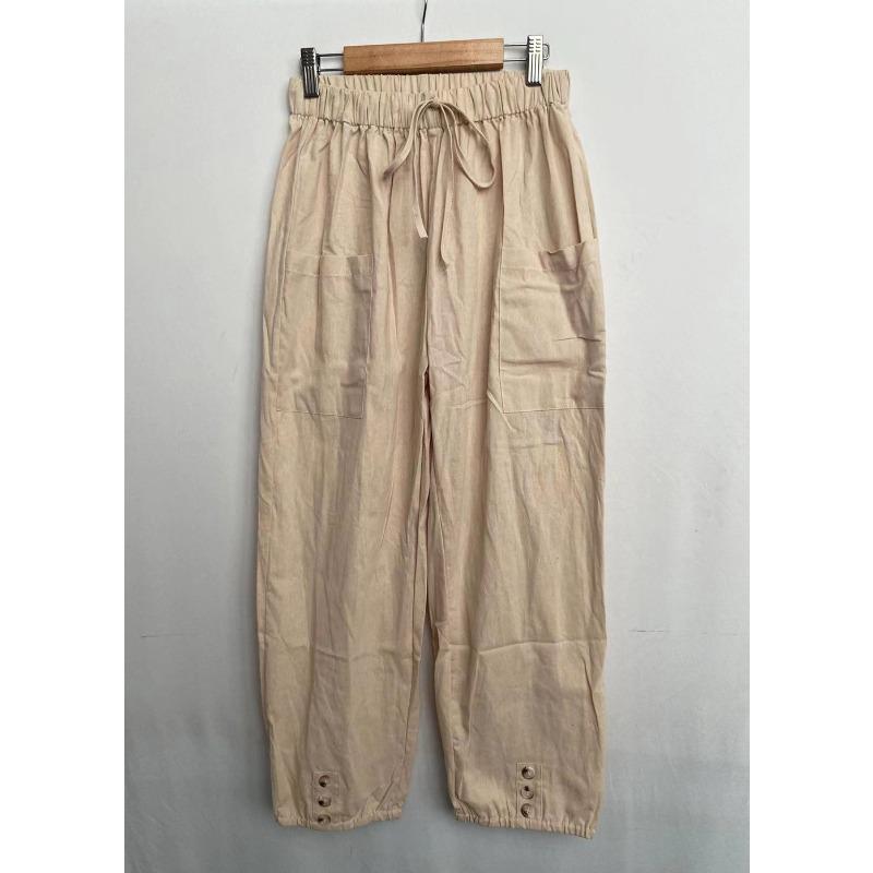 Damen Elastische Taille Leinenmischung Hose Kordelzug Verkürzte Hose Mit 10 Farboptionen