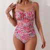 Women Swimsuit Floral Print Swimwear Bathing Suit Adjustable Straps Ruched Front Wireless Padded Lined