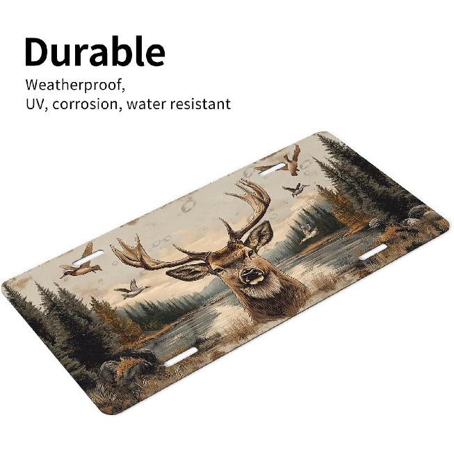 Deer Front License Plate for Women Buck Antlers Wilderness Lake Hunting Car Vanity Plates Decorative Aluminum Metal Cute Novelty License Plate 6x12