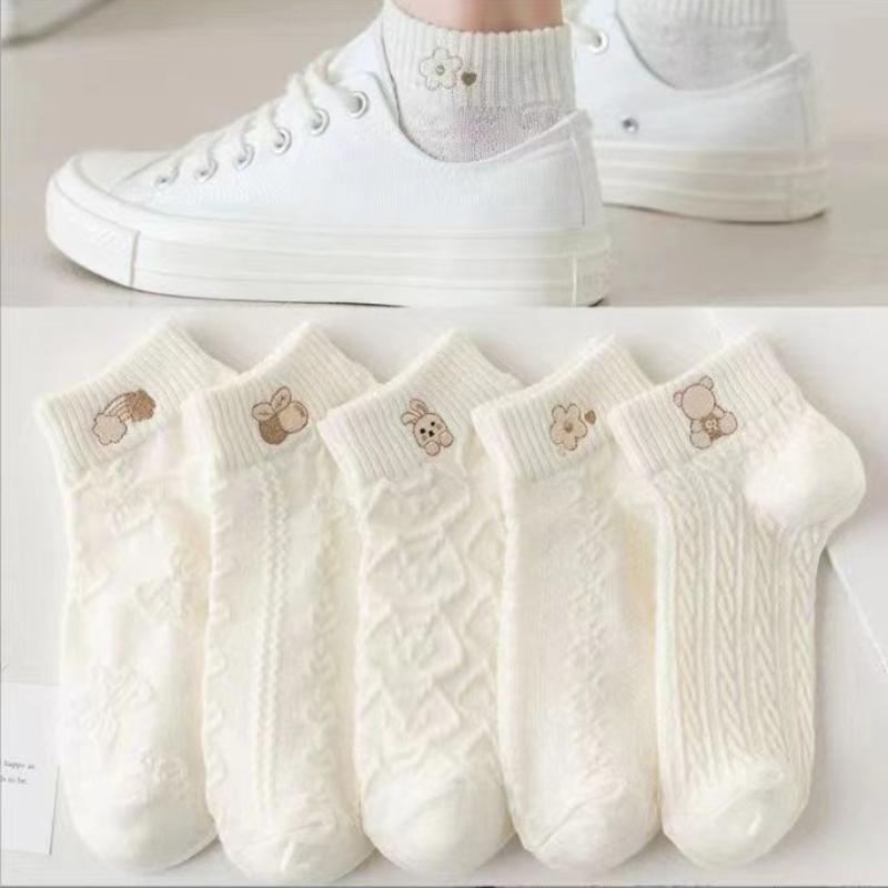 5 pares de calcetines tobilleros con estampado de dibujos animados para mujer, versátiles, modernos, creativos, transpirables, cómodos e informales.