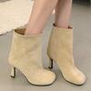 Fashion 2025 Autumn New Street Style Round Head High Heel Short Boots for Commuting Versatile Solid Color Sleeve Women's Botas Mujer