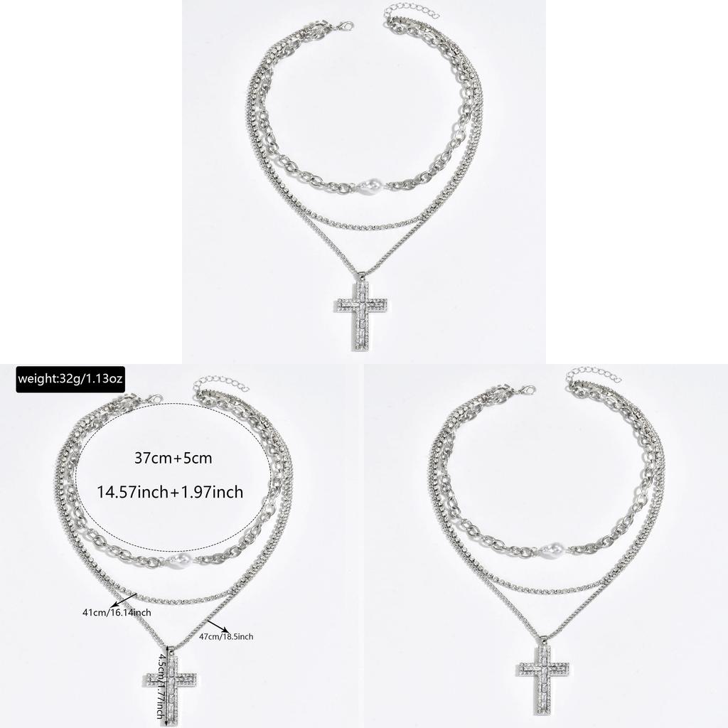 Cross Pendant Necklace For Women With Multilayer Geometric Design In Zinc Alloy For Daily Fashion