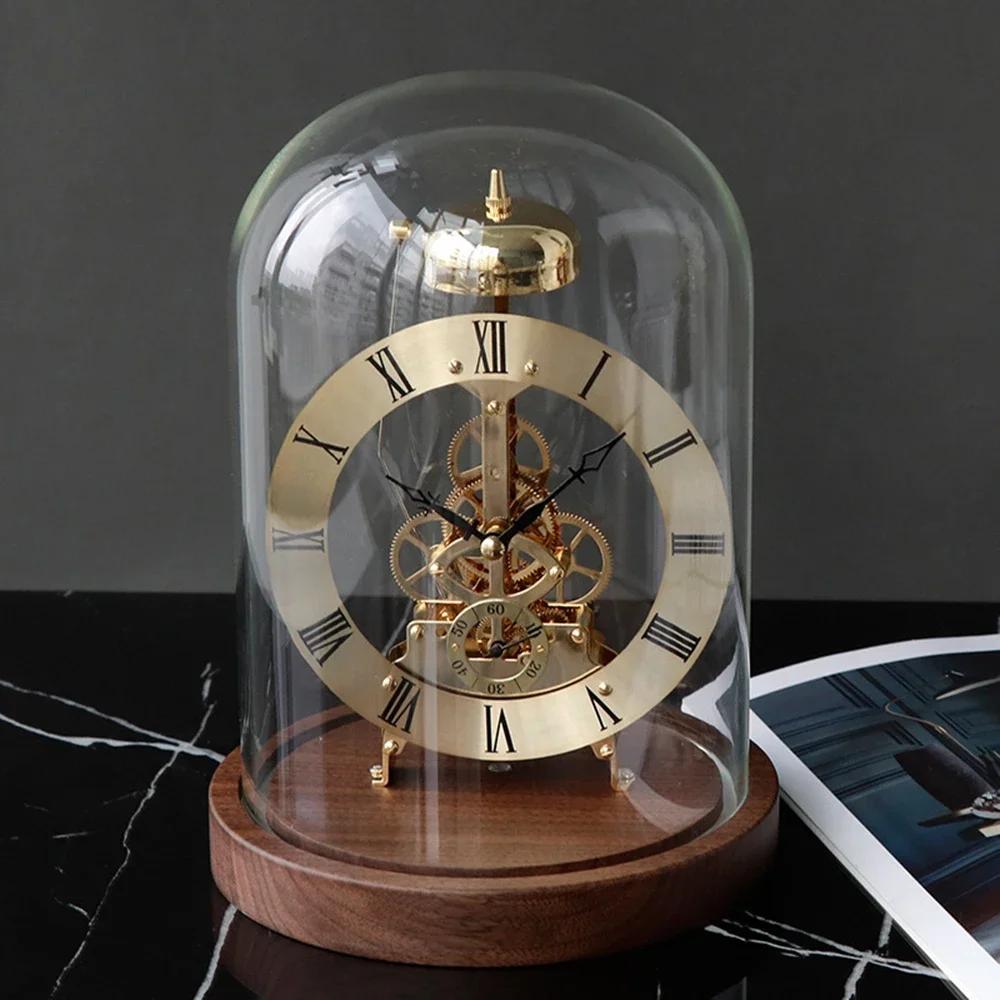 Luxury Mechanical Desk Clock with Glass Dome Black Walnut Solid Wood Base Light Home Office Decor Timepiece Ornament