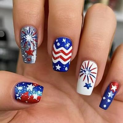 Independence Day Press On Nail French Tips Fake Nail 4th of July Patriotic False Nail Full Cover Design Acrylic Nail