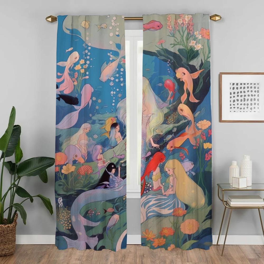 Mermaid Blackout Curtains for Living Room Home Interior Curtains 2 Pieces Window Curtain Tulle for Bedroom Halloween Decoration
