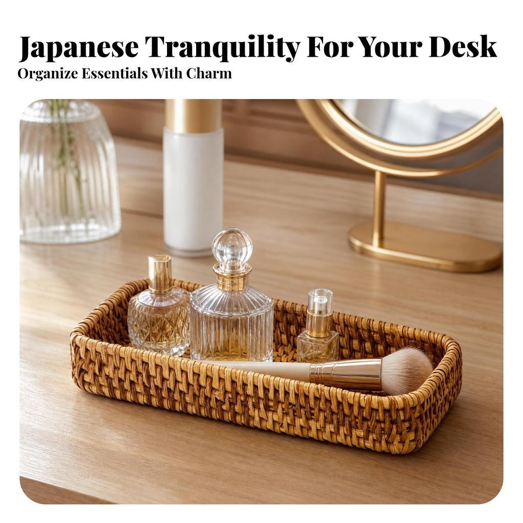 Natural Rectangular Woven Rattan-Style Storage Tray Sleek Open-Top