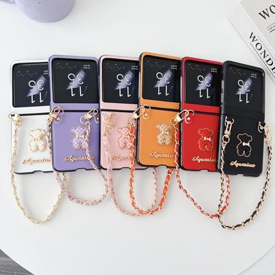 Grid Pattern Lambskin Cute Little Bear Wrist Strap PU Leather Phone Case for Motorola Razr 60 Pro 50 40 Ultra Shockproof Cover