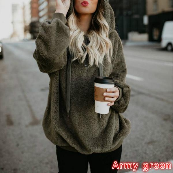 Women Sweaters Fleece Zipper Hooded Pullover Casual Solid Color Ladies Tops Long Sleeves Loose Plush Sweater