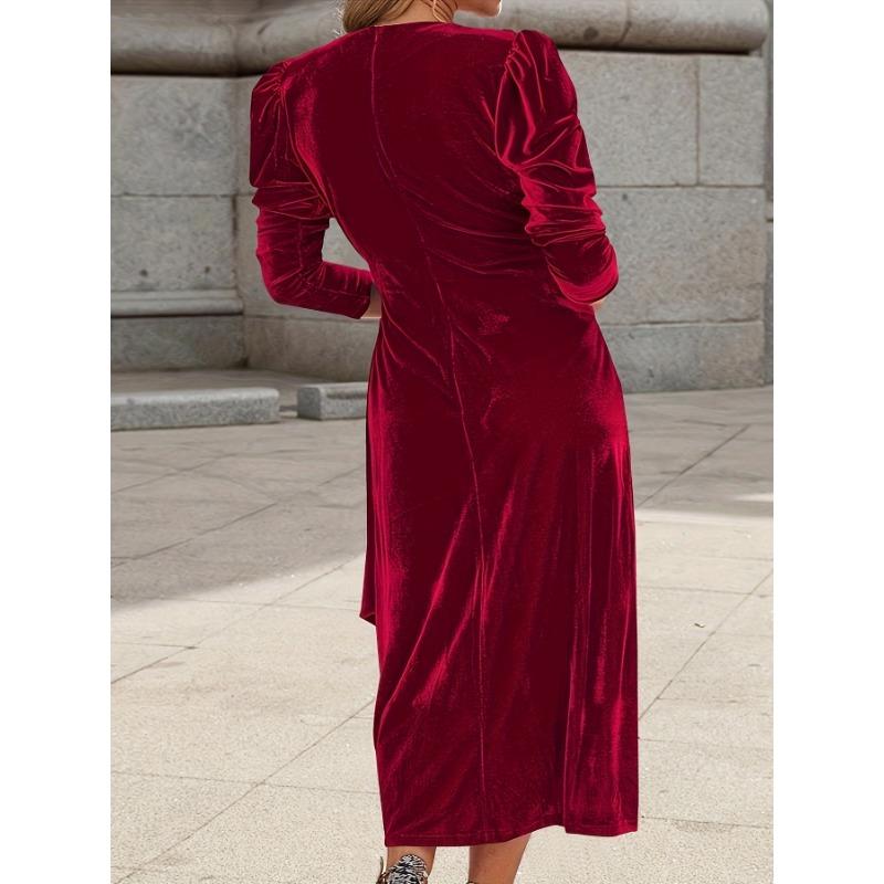 Women V Neck Long Sleeve Elegant Casual Solid Color Dress