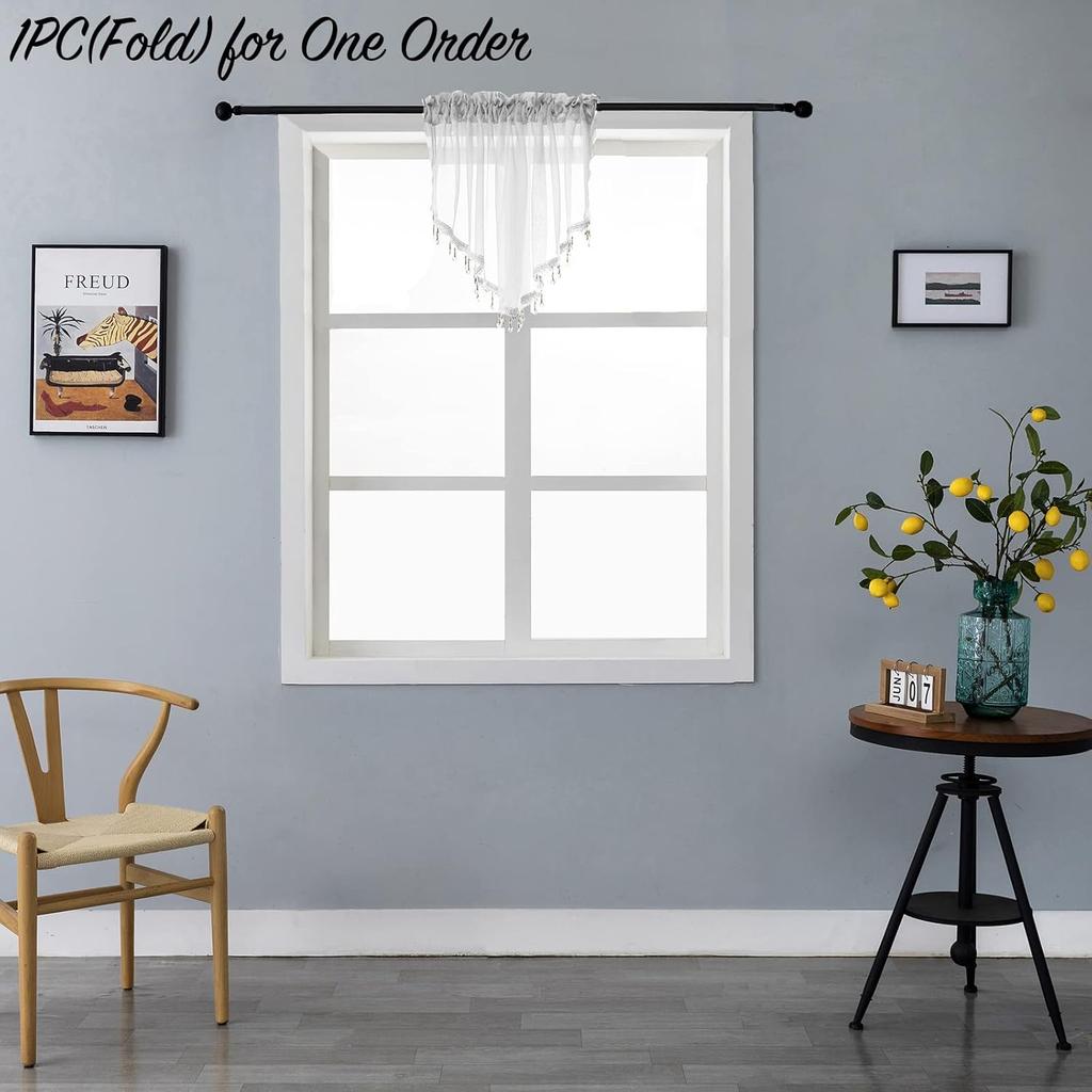 Beaded Triangle Sheer Valance Curta for Living Room,Rod Pocket Farmhouse Window Valance, Bead Trim Tassel Voile Sheer Curtain Valance for Bedroom