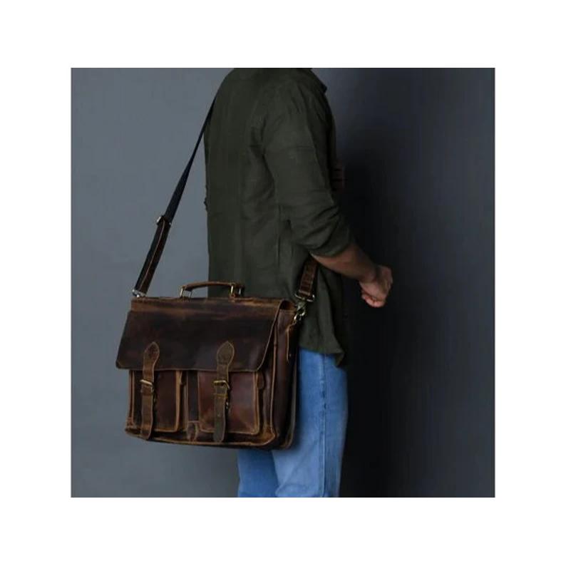 Handmade Vintage Buffalo Leather Messenger Bag With 2 Pocket Laptop Briefcase Office Shoulder Bag For Mans