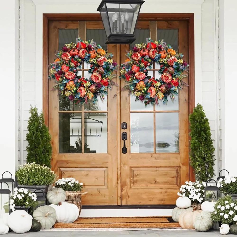 Fall Peony and Pumpkin Wreath,Year Round Wreath, 2025 New Reusable Pumpkin Fall Wreaths,Autumn Maple Leaf and Berry Decor,for Thanksgiving, Halloween