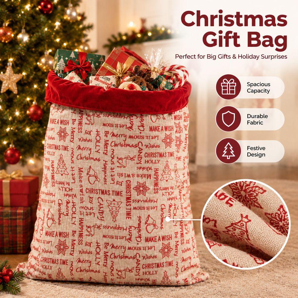 Linen Fabric Christmas Gift Bag Red Velvet Cuff Xmas Gift Bag New Santa Sack Christmas