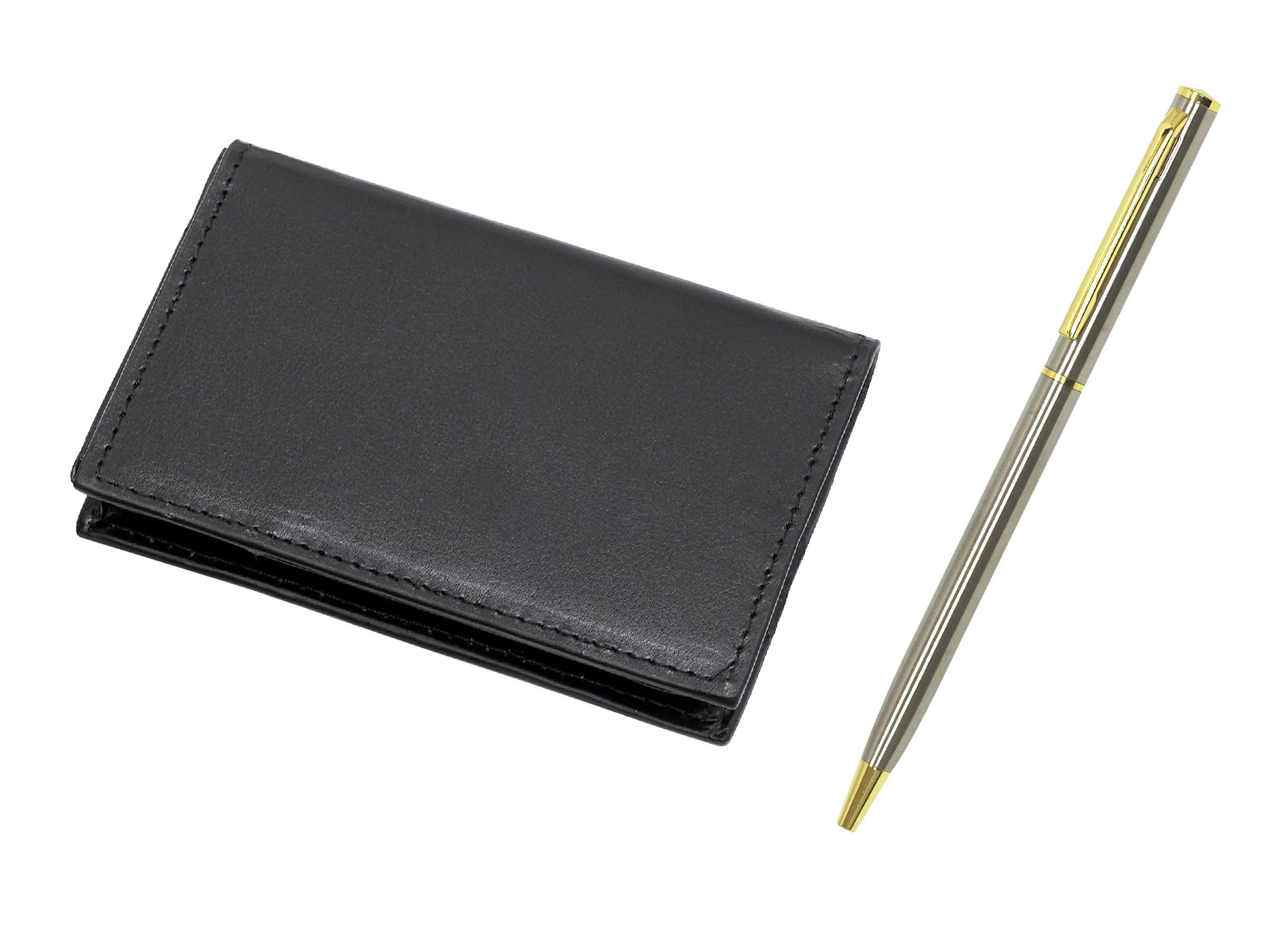 

Recycled cowhide business card holder with Top Flat 904 rotating ballpoint pen set 4-pocket (T23-LS030B-803)