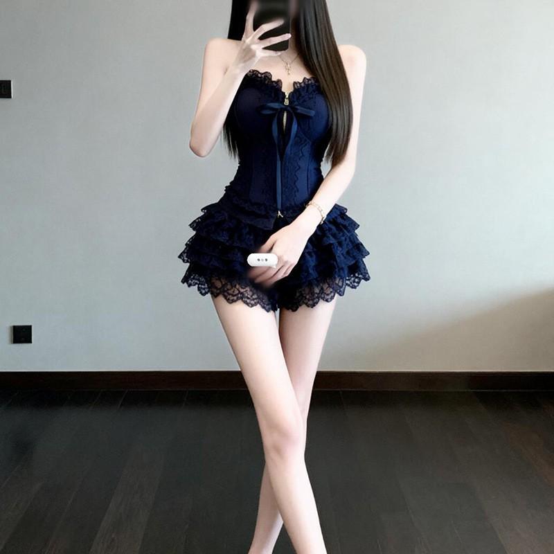 Womens 2-Piece Set: Sleeveless Crop Top Lace Cake Mini Skirt Slim Fit Casual Style