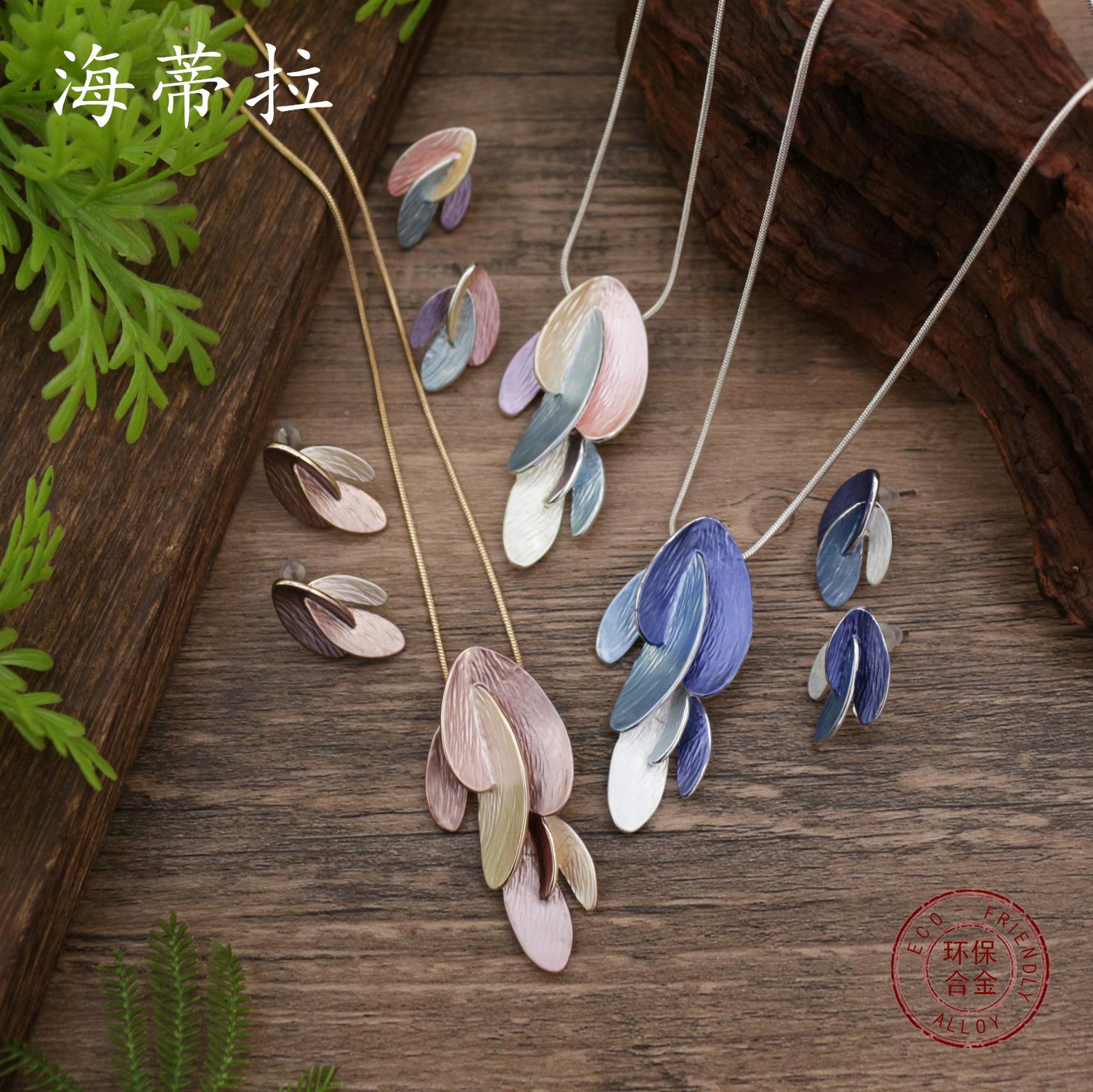 

New color painting oil irregular petal stud earrings necklace set, women s fashion versatile flower pendant