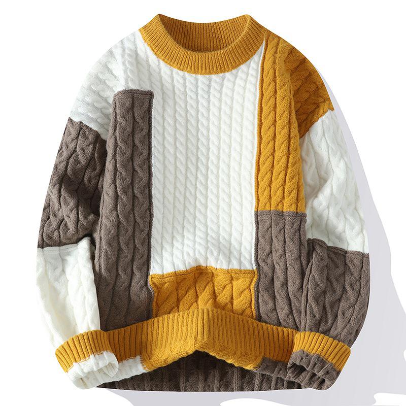 Men s Trendy Color Block Thick Knit Long Sleeve Pullover Sweater XXXXL жёлтый