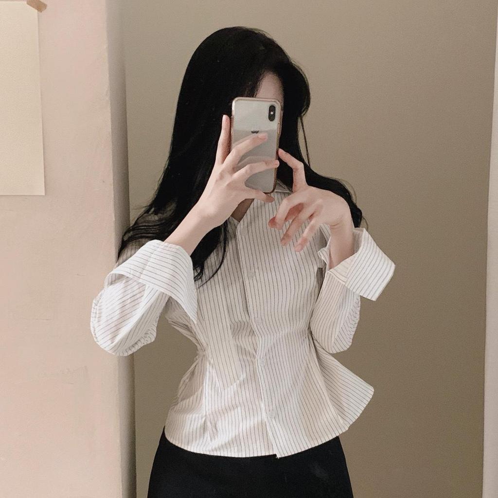 2026 Spring/Autumn Korean Chic V-Neck Ribbon Waist-Cinching Versatile Striped Women's Top