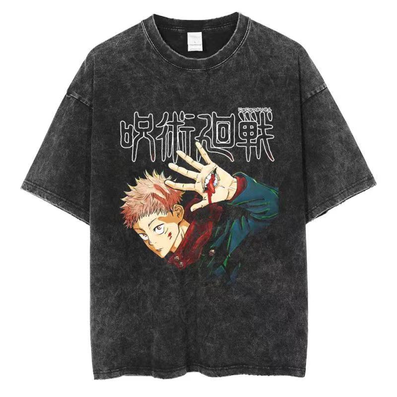 Jujutsu Kaisen Trykk Vintage Vasket T-skjorte Harajuku Japansk Anime Streetwear Grafisk T-skjorte Kortermet Bomulls-T-skjorte