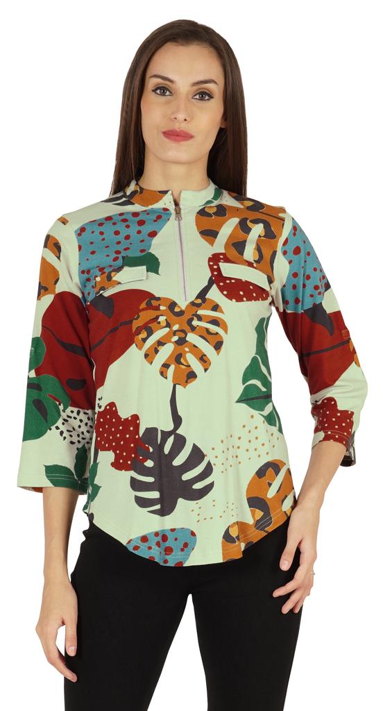 Inkmeso Fashionable Printed Casual Top For Women  s Mandarin Collar Relaxed-Fit Tunic