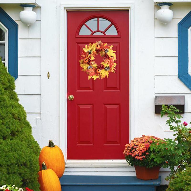 Harvest Wreath Thanksgiving Front Door Wreath Decor Artificial Holiday Fall Thanksgiving Wreath Berry Maple Leaves Pumpkin