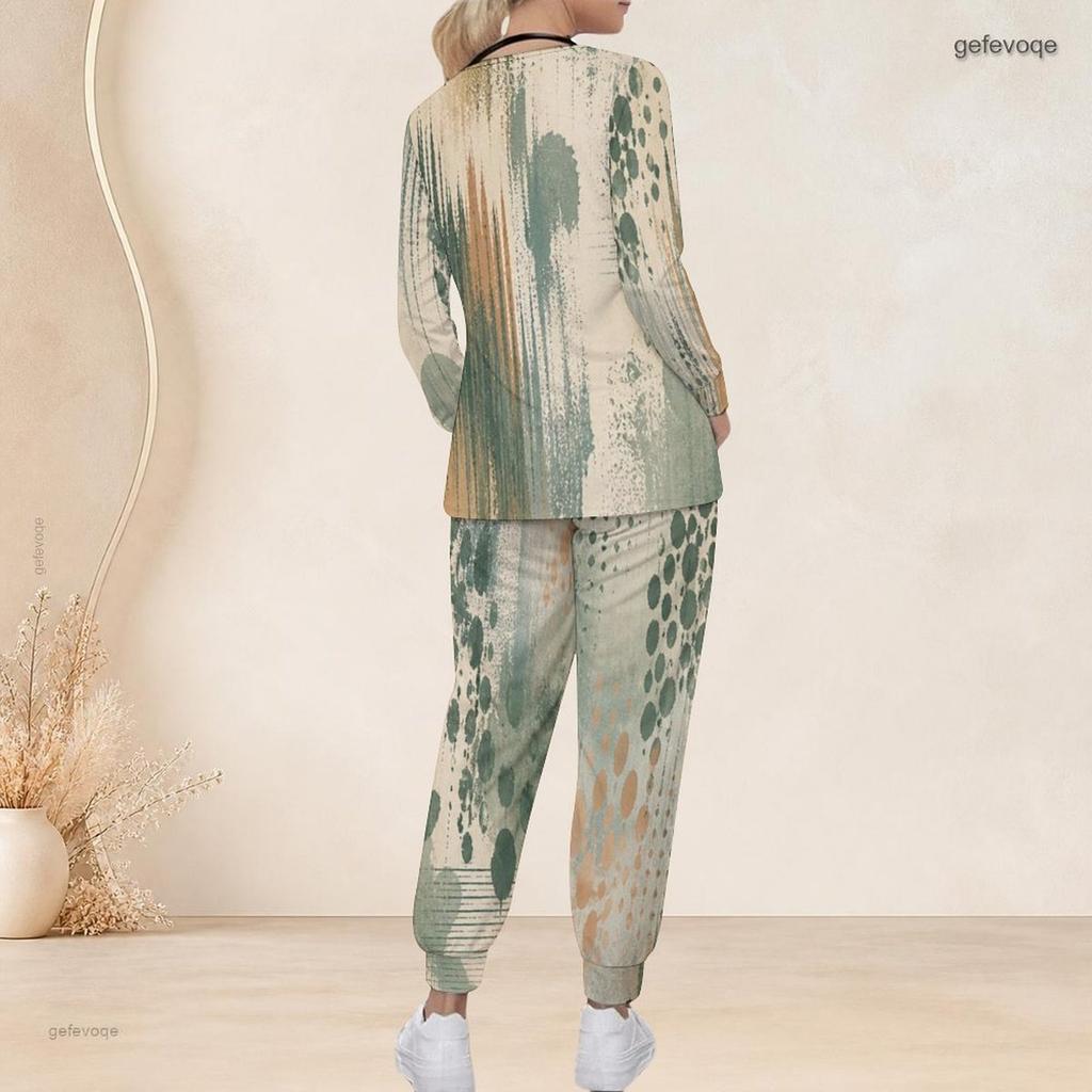 Women Plus Size Printed Nurse Scrub Set V Neck Long Sleeve Top With Pockets And Long Pants