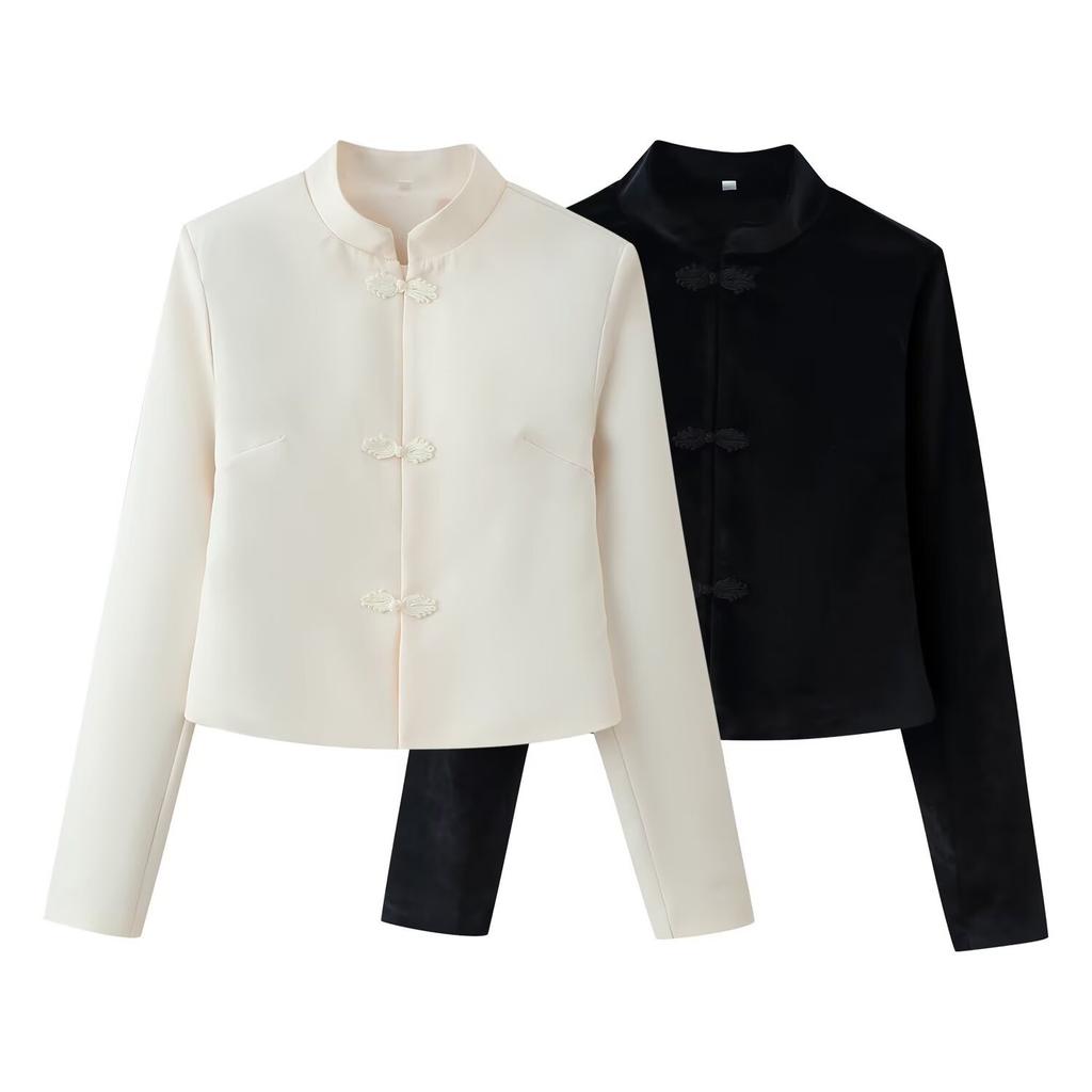 2026 Spring New European and American Cross-border Women's Clothing Buckle Decorative Stand-up Collar Long-sleeved Short Jacket W017 D055