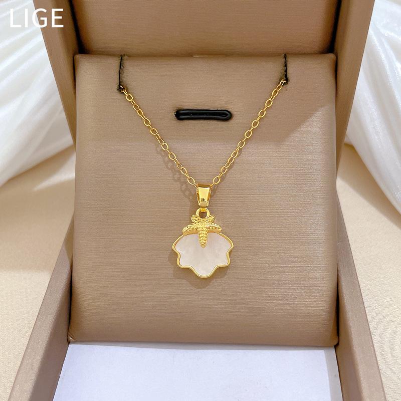 Titanium Steel, Shell Sea Star Light Luxury Temperament Gorgeous Full Diamond Necklace Women'S Versatile Collarbone Chain Titanium Steel Chain