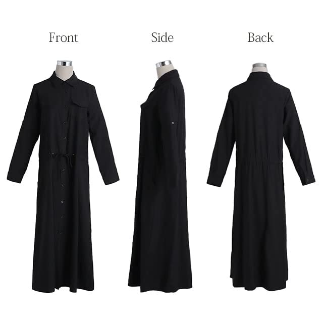 JINJUDUO Long Sleeve Shirt Solid Lapel Long Dress Women's Dress, Casual, Color, (M, Black)