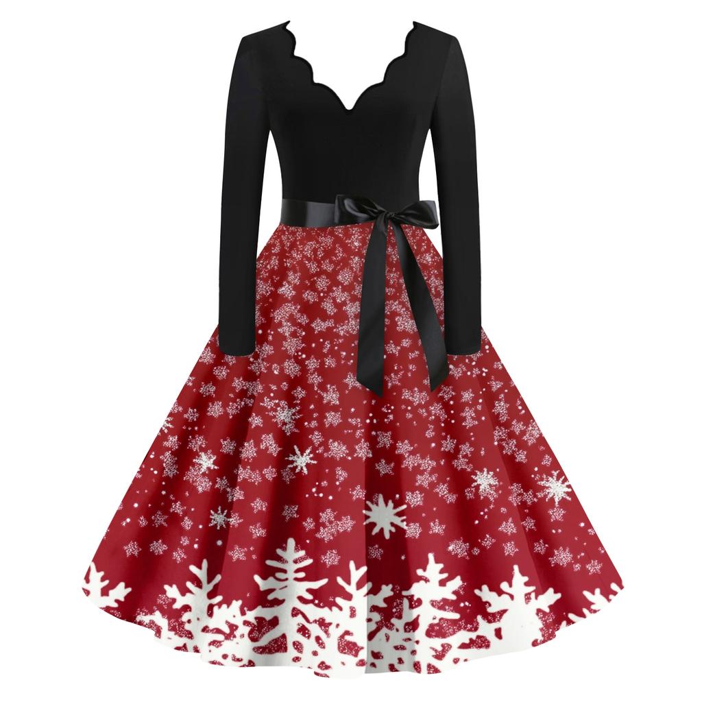 Women's Casual Fashion Christmas Holiday Print V-neck Vintage Dress