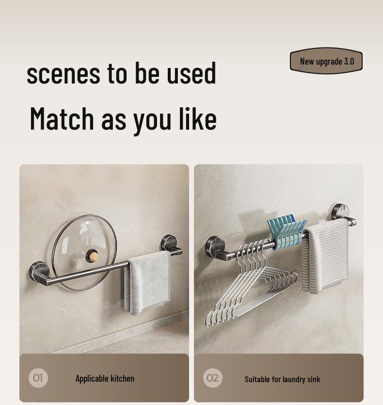 Suction Cup No-Drill Towel Rack - Wall-Mounted Bathroom Organizer with Single/Double Bar
