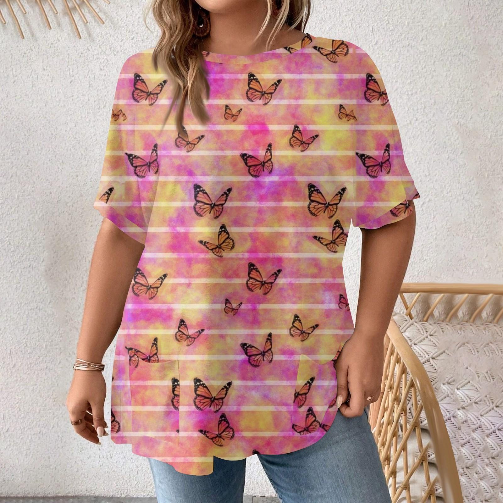 

Модная женская повседневная футболка больших размеров с коротким рукавом и круглым вырезом с карманами L розовый