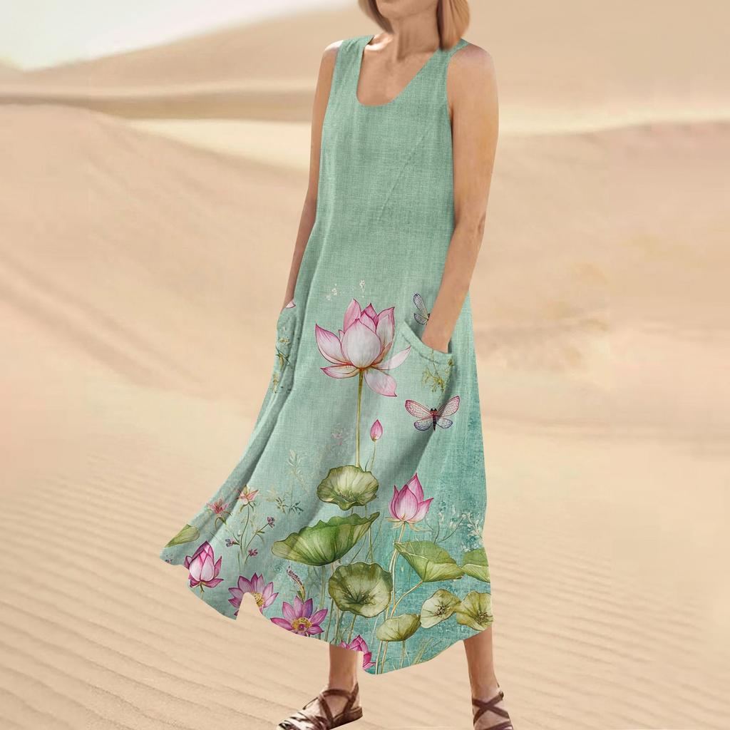Women's Summer Casual Fashion Flower Printed Sleeveless Round Neck Pocket Dress