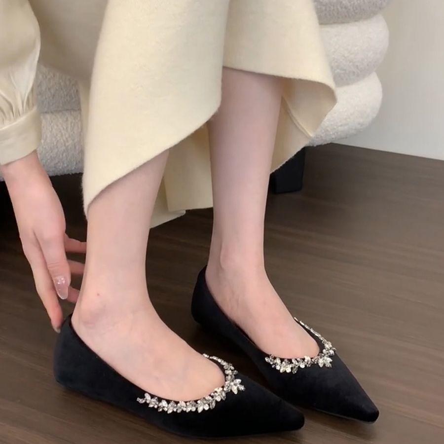 2025 new pointed temperament rhinestone flats commuting one pedal French celebrity shallow mouth single shoes female grandma shoes