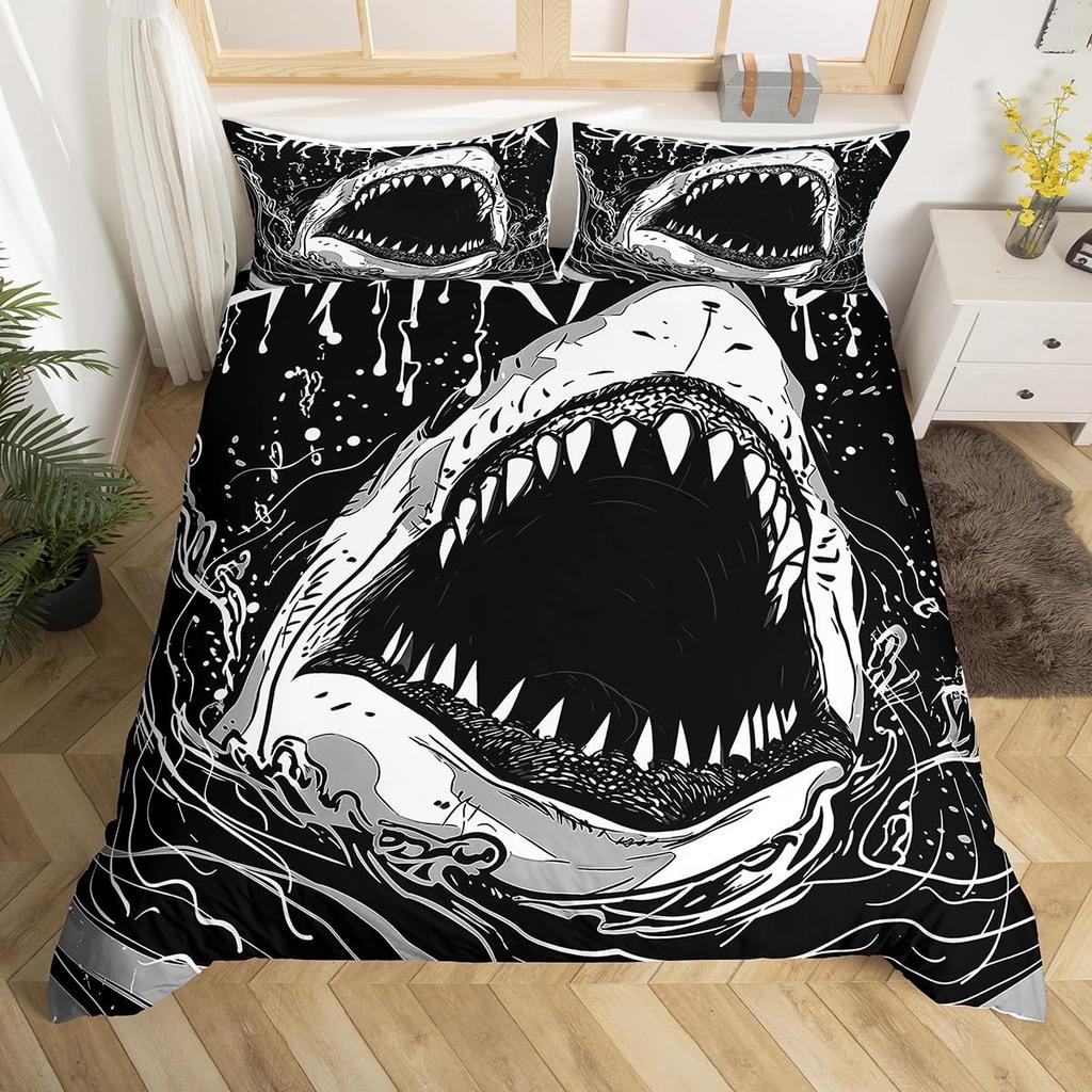 Shark Duvet Cover Queen Marine Life Comforter Cover Blue And White Cartoon Shark Bedding Set Nautical Ocean Theme Quilt Cover
