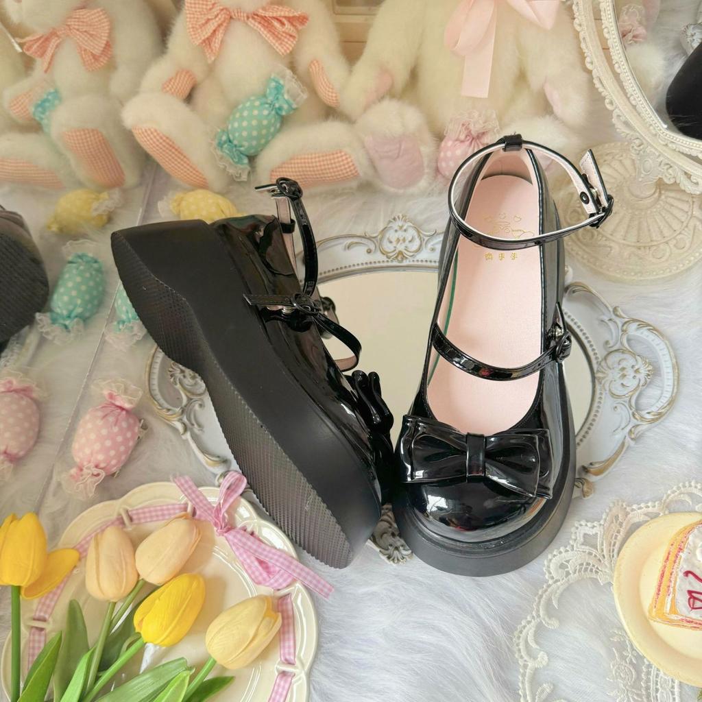 Cute Princess Style Sweet Bow Round Head Muffin Sole Single Shoes Year One Word Buckle Belt Low Heel Mary Jane Shoes